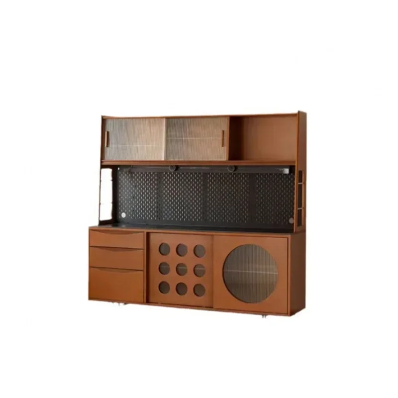 Retro solid wood dining side cabinet medieval wall integrated Nordic rock slab storage cabinet living room storage wall side