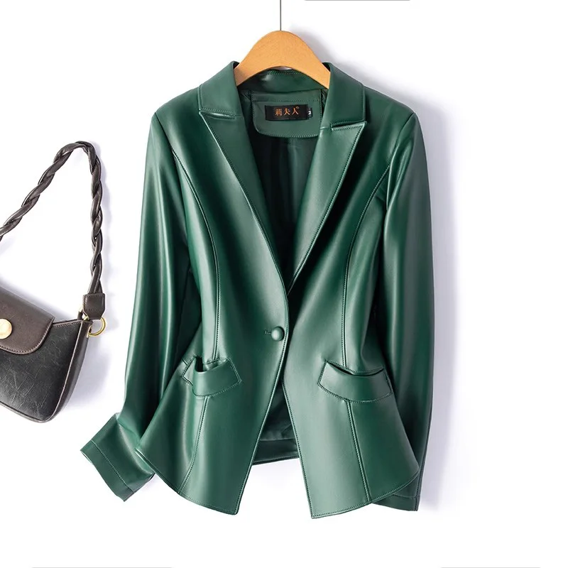 Neu Damen Frühling Herbst Spaltleder Jacke Mode Fallender Kragen Schmale Taille Ein-Knopf-Blazer Lässig Lederjacke Damen
