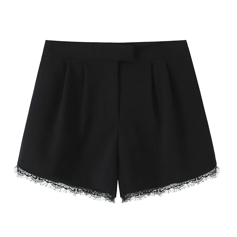 

YENKYE New 2026 Women Lace Trim High Waist Black Casual Shorts