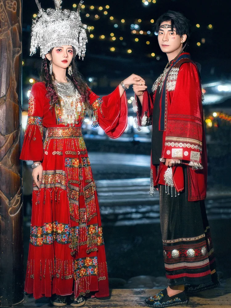 Red Miao Clothing Female Couple Men's Tujia Ethnic Style Miao' S Dress Machine Embroidery Photography