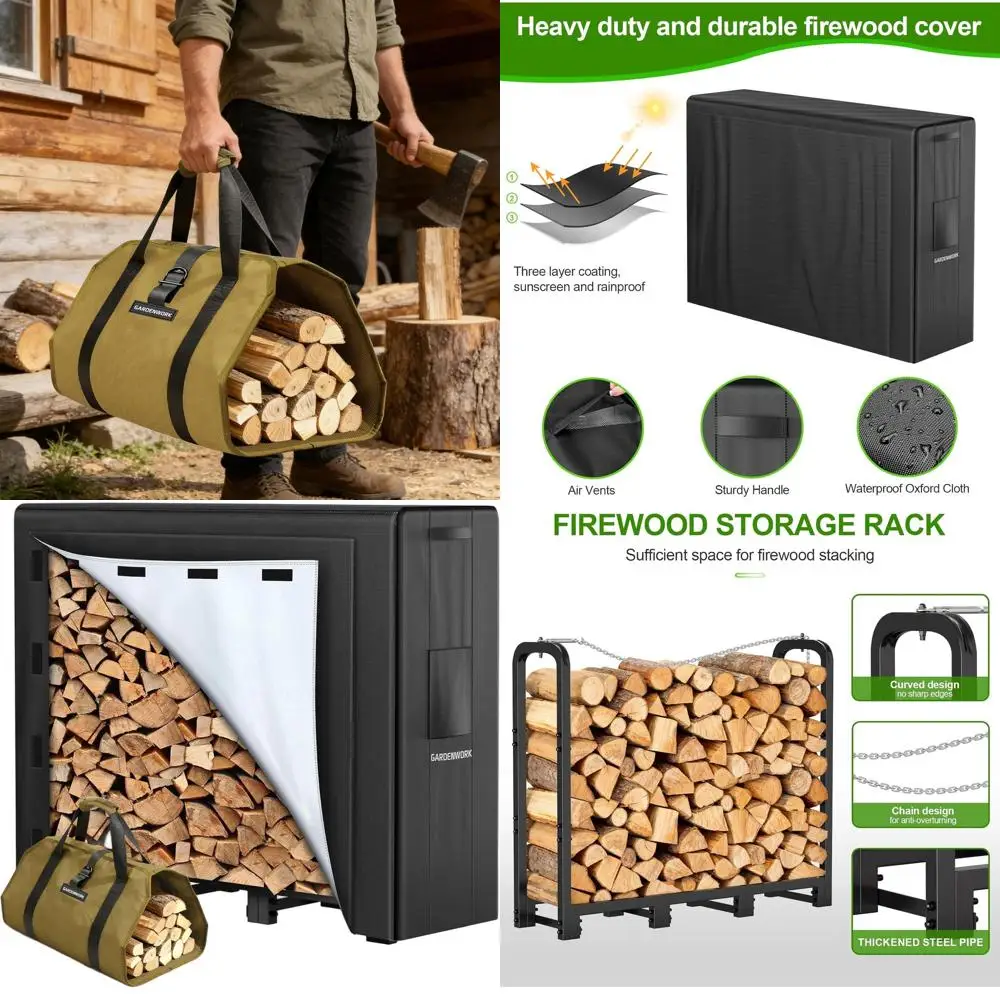 

Outdoor Heavy-Duty Firewood Storage Rack with 600D Fabric Cover and Adjustable Holder