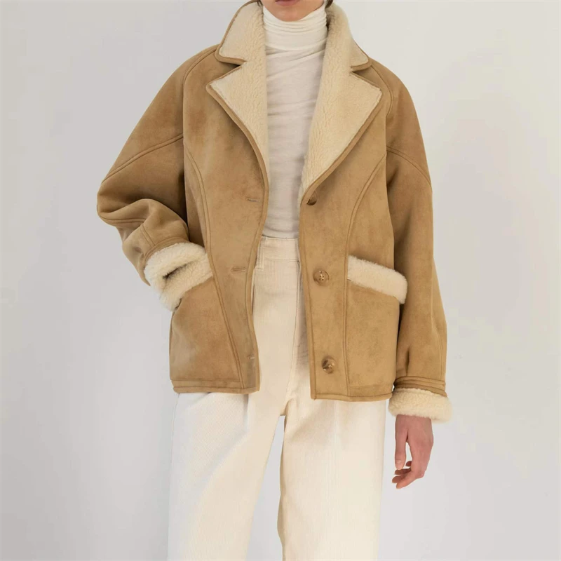 

Новая зимняя женская свободная замшевая куртка из овечьего меха с лацканами, модная повседневная утолщенная ветрозащитная теплая верхняя одежда высокого качества