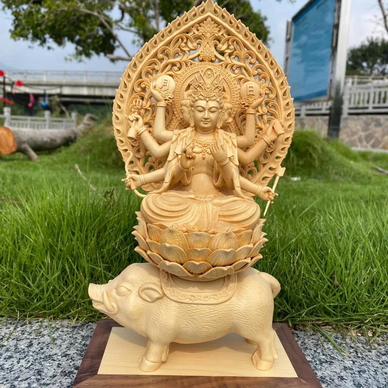 Hand Carved Hinoki Wood Marici Statue Figurine Three Faces Eight Arms Riding Pig Buddhist Deity Ornament Home Temple Altar Decor