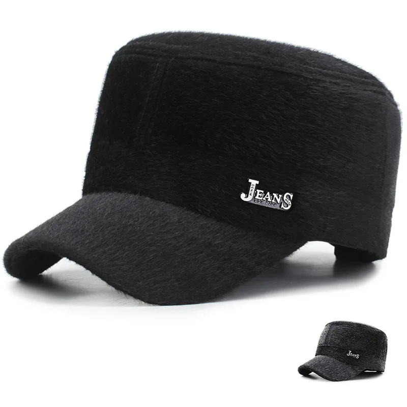 

Middle Aged And Thickened Fleece Flat Top Faux Mink Fur Military Winter Elderly Ear Protection Dad Hat