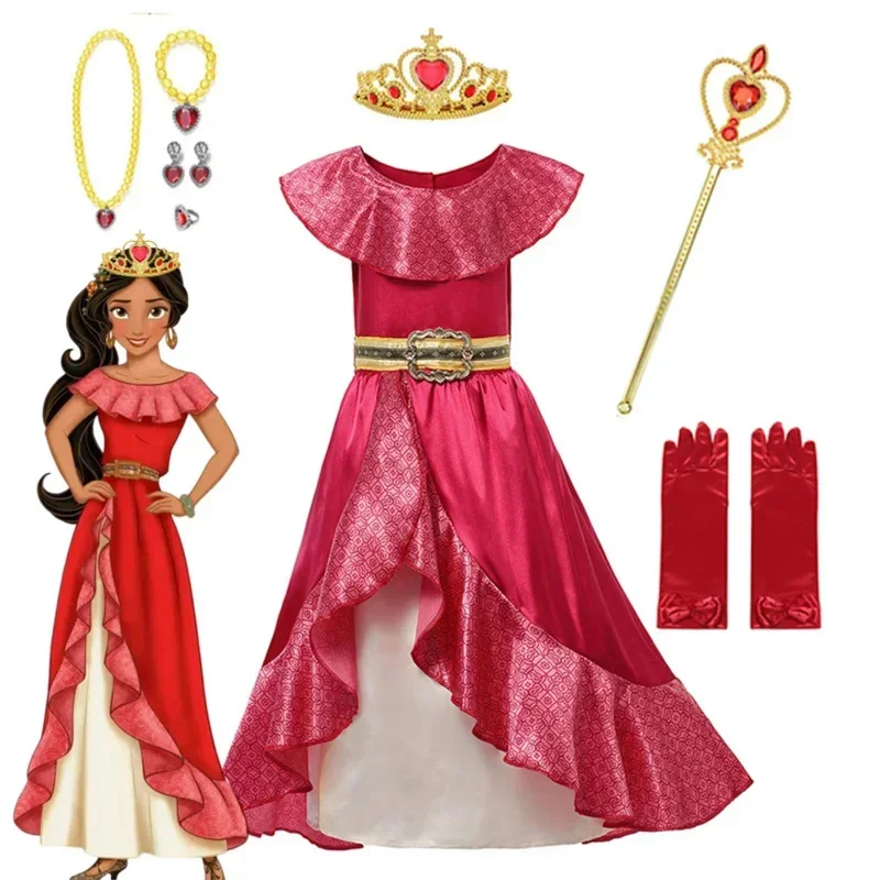 Elena of Avalor Princess Costume Girl Anime Role Play Clothes Halloween Carnival Cosplay Outfit Kid Red Ruffle Long Dress