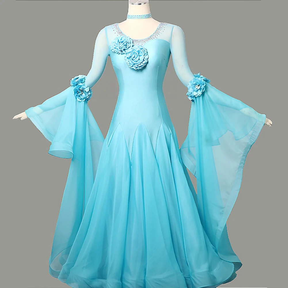 High-End-Party-Gesellschaftstanzkleid mit langen Ärmeln, Damenbekleidung, Strass, Flamenco, eleganter rosa Übungsanzug mit Rundhalsausschnitt
