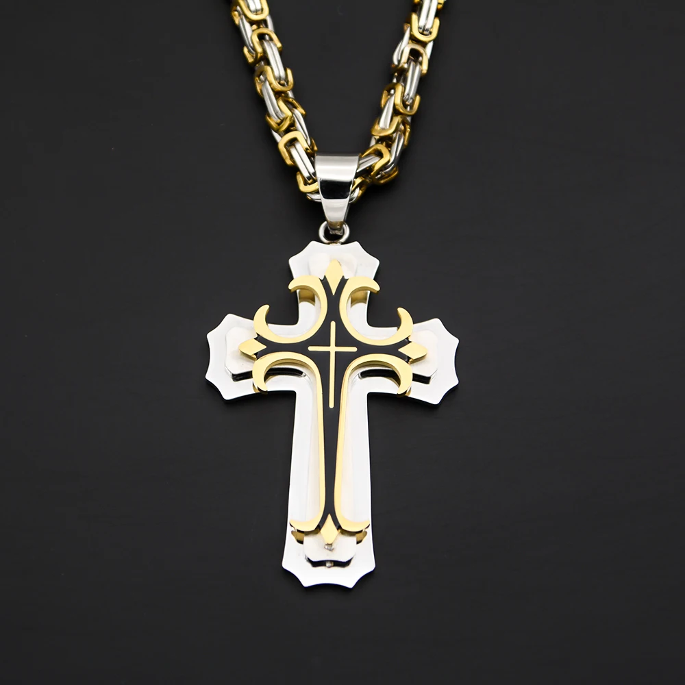 Fashionable Three-layer Gold-plated Cross Necklace Pendant Hip-hop Necklaces for Men Cross Stainless Steel Jewelry Anniversary G