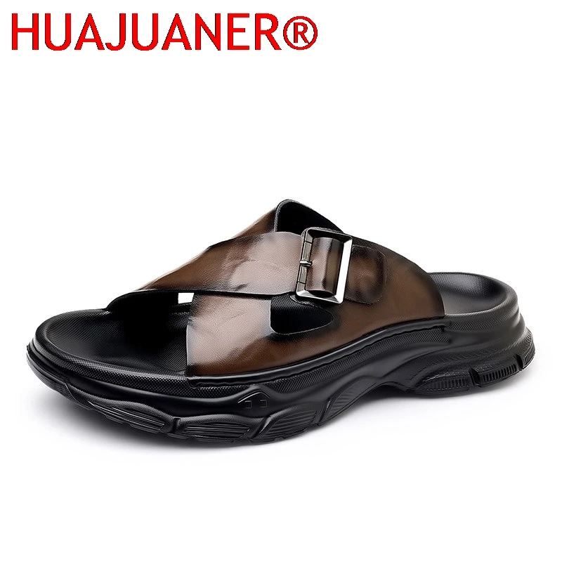 

Модные мужские мягкие кожаные тапочки-слипоны, повседневные сандалии-мюли, летние шлепанцы для мужчин, дышащая уличная пляжная обувь