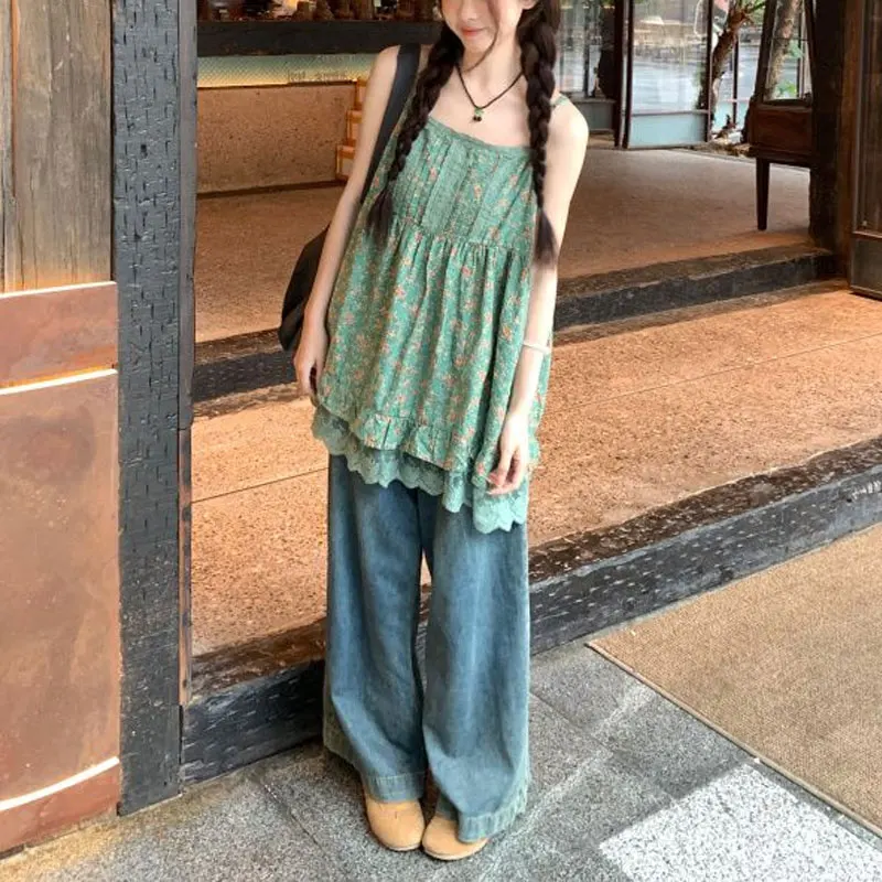 

Vintage Broken Flowers Shirts Women's Clothing Stylish Lace Spliced Summer New Korean Sleeveless Aura Square Collar Slip Blouse