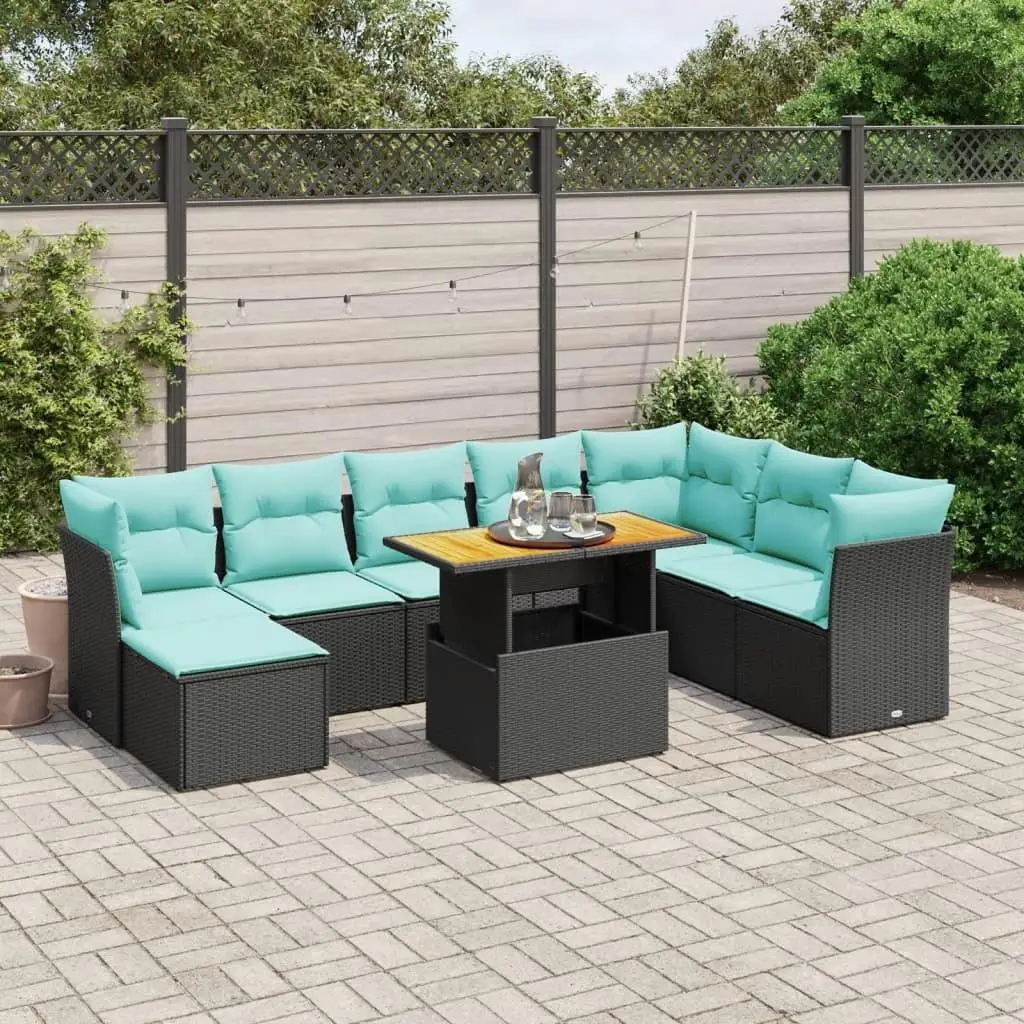 

9 Piece Outdoor Patio Sofa Set with Cushions Black Wicker Rattan Furniture