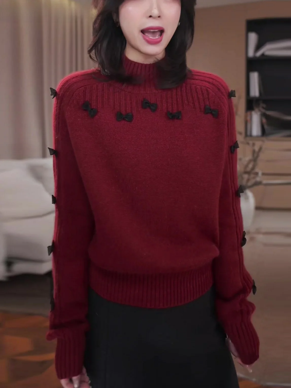 

La Chapelle Women's Knitted Sweater Red Anti-Aging Faionable Spring Autumn Winter Outerwear Innerwear Korean Sle Loose Fit