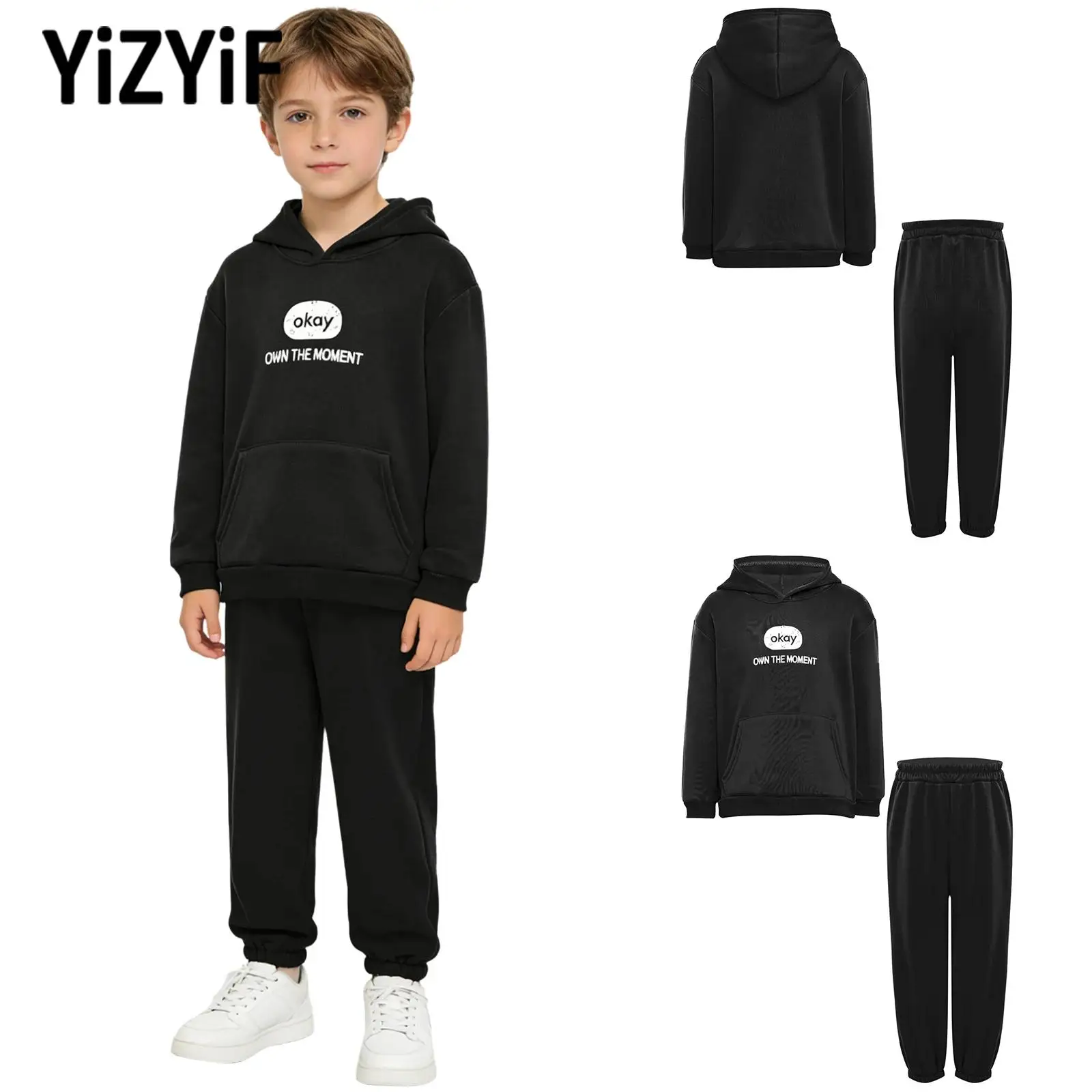 

Unisex Children Fleece-lined Casual Outdoor Sports Outfit Long Sleeve Hooded Sweatshirt with Sweatpants Girls Boys Tracksuit Set