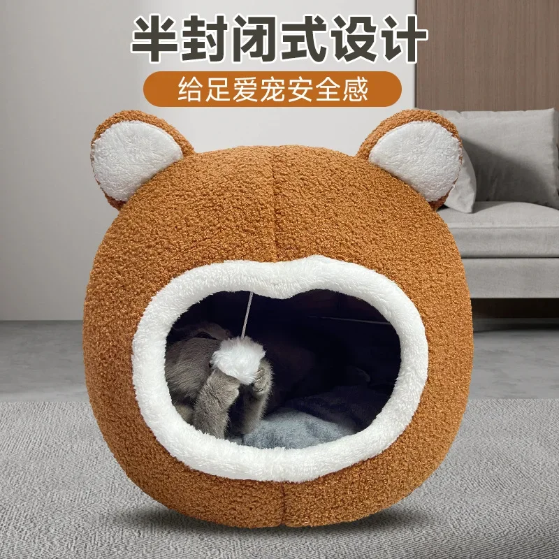 

New cat nest teddy bear cat nest house autumn and winter semi-closed cat nest sound insulation warm and comfortable sleep