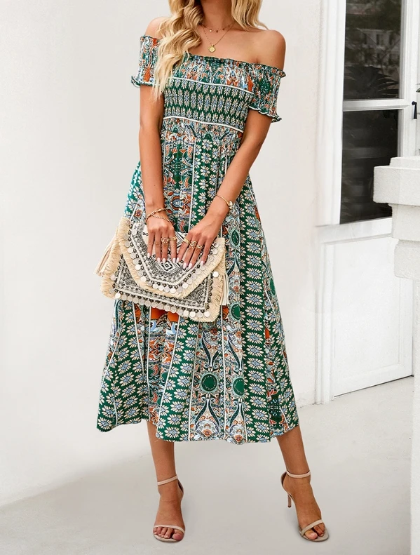 Women Dress Elegant Commuting Casual Bohemian Print Chest Wrap Off the Shoulder Short Sleeve High Waist A-line Split Dress