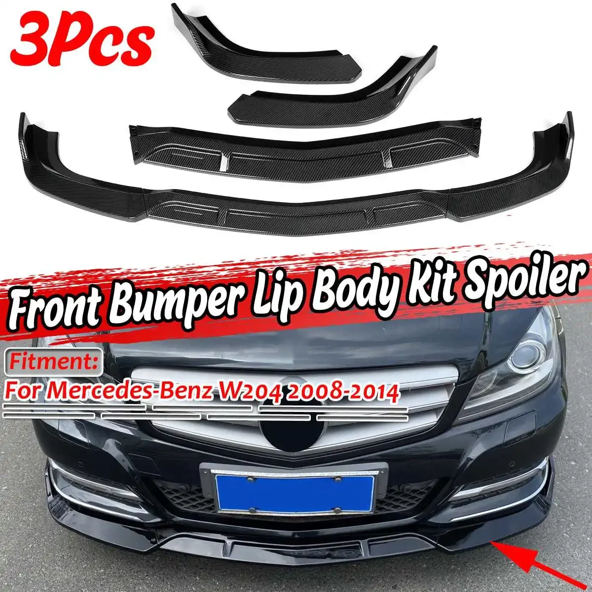 

3 Piece Car Front Bumper Splitter Lip Spoiler Diffuser Protection Cover Trim For Mercedes For Benz W204 2008-2014 Exterior Part