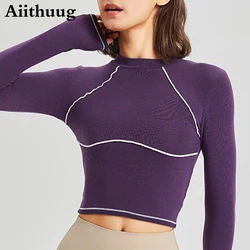 Aiithuug Line Segmentation Yoga Crop Top Women's Tight Neck Long Sleeve Slim Fit Shirt Elasticity Breathable Fitness Pilates Top