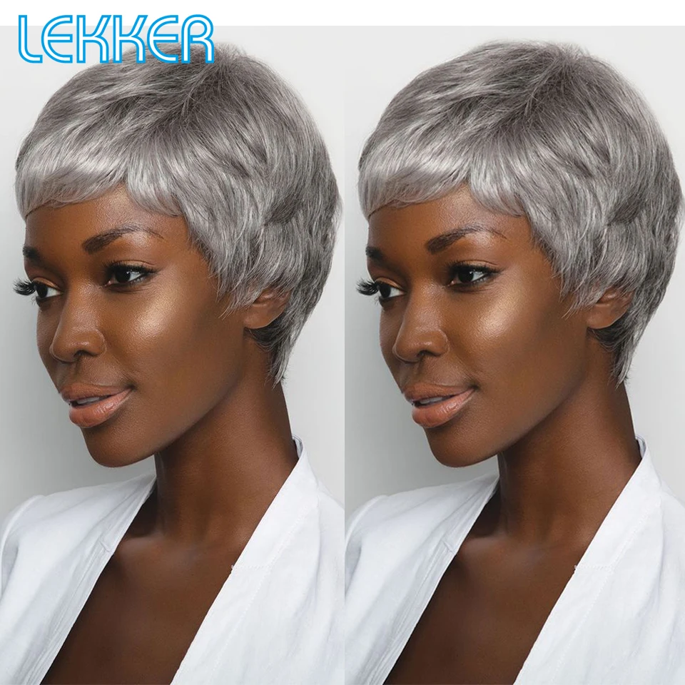 Lekker Pixie Silver Grey Short Straight Bob 100% Human Hair Wig For Women Brazilian Remy Hair Glueless Colored Machine Made Wig