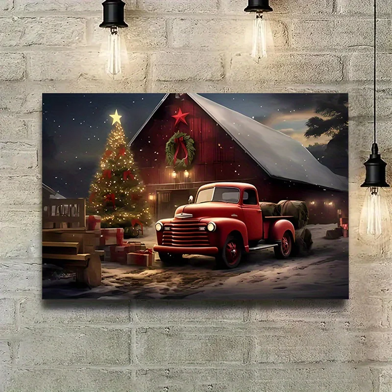 Framed Classic Red Truck Canvas Painting Rustic Landscape Christmas Tree Canvas Wall Art Bedroom Living Room Home Decor Gift