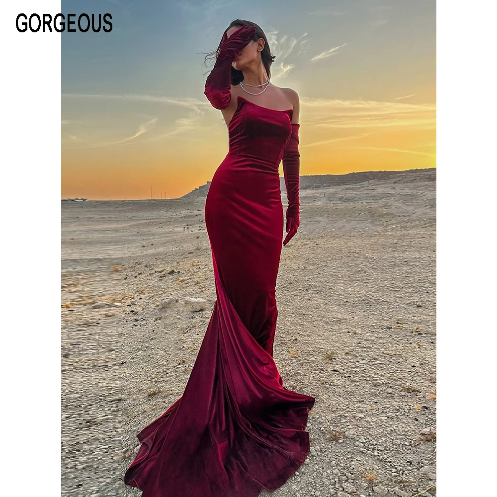 

Burgundy Long Evening Dresses 2026 Strapless Sexy Velour Formal Party Dress With Gloves Mermaid Long Prom Gown With Train Custom