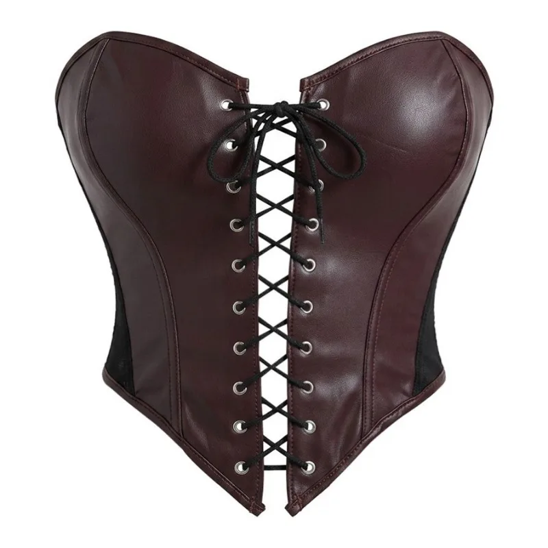 Women Wine Red PU Leather Overbust Corset Steampunk Bustier Lace Up Front Boned Waist Trainer Party Cosplay