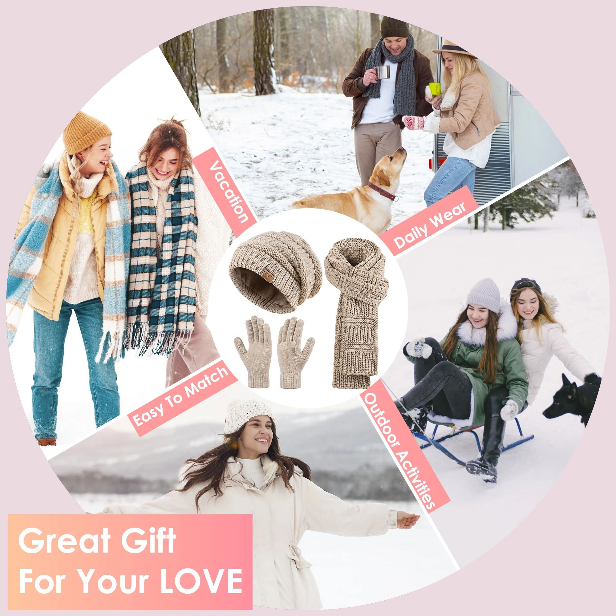 طقم إحماء شتوي للسيدات، قبعة كاجوال، وشاح محبوك، طقم قفازات تعمل باللمس