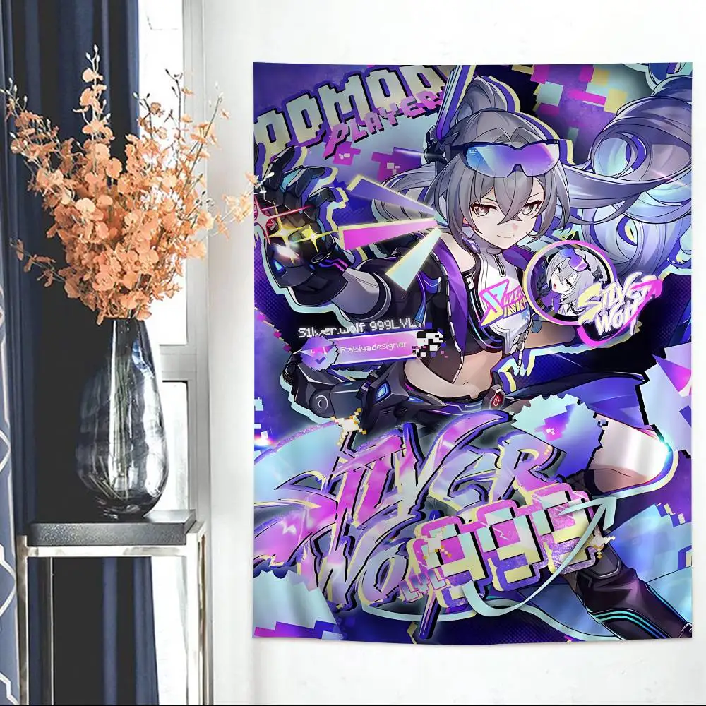 Silver Wolf Lv 999 Honkai Star Rail Anime Tapestry Hippie Flower Wall Carpets Dorm Decor Cheap Hippie Wall Hanging