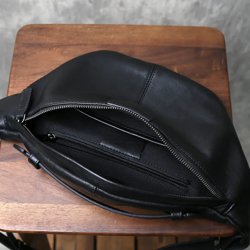 Top-Grain Cowhide Mens Convertible Crossbody Chest Bag Casual Large-Capacity Anti-Theft Handheld Shoulder Bag