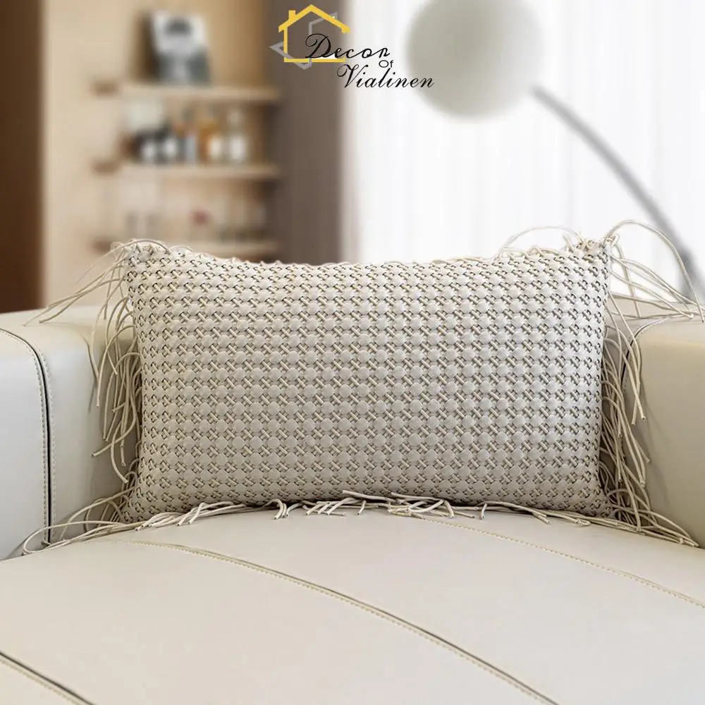 Designer's beige woven tassel pillow, modern minimalist model room, waist pillow, sofa cushion, homestay soft furnishing cushion