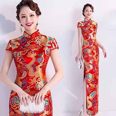 chinese new year women clothes long dress red cheongsams qipao wedding dress pluss size woman evening Silk satin Dragon Phoenix