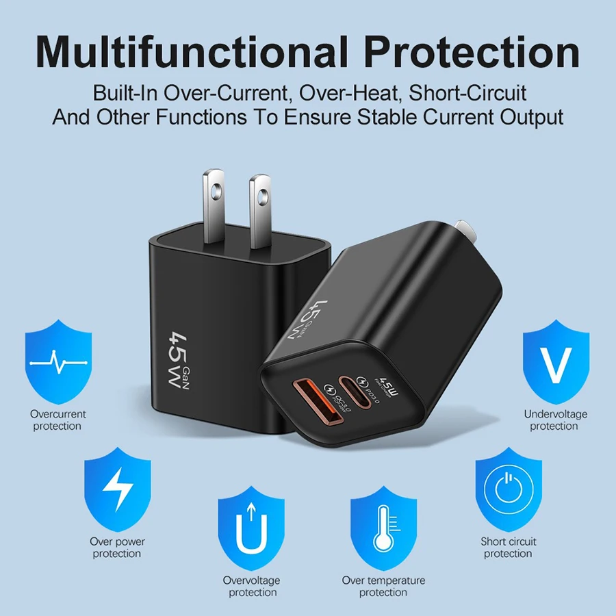 45W GaN Fast Charger Dual Port USB C PD3.0 QC3.0 Quick Charging Block Fireproof PC Wall Adapter For Smart Mobile Phones