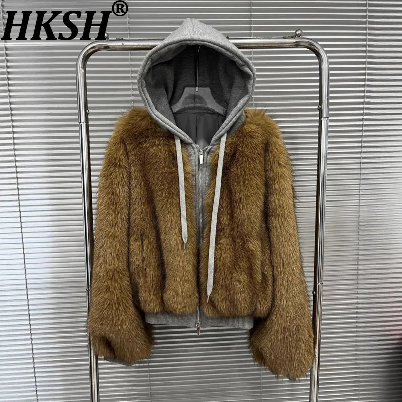 

HKSH Autumn Winter New Women's Warm Coat Faux Fur Patchwork Hooded Zipper Color Block Fake Two-piece Retro Thick Jackets HK15905