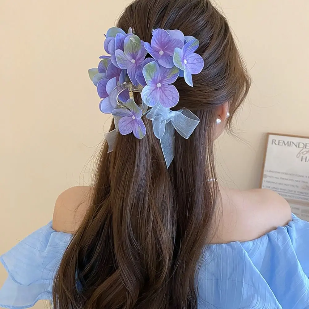 Simulated Flower Flower Hair Claw Mesh Bow Cloth Sweet Hair Catches Headdress Ponytail Holder Korean Style Hair Crab Clip Girls