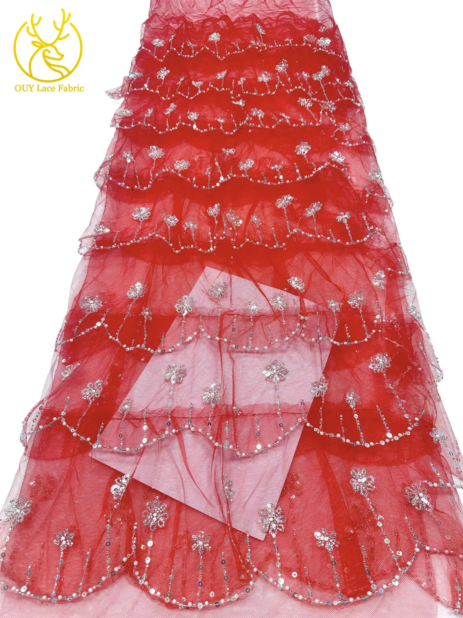 Roter Modischer 3D Tüll Perlen-Pailletten-Spitzenstoff 5 Yards Afrikanischer Spitzenstoff Nigerianischer Tüll-Netzstoff Braut-Hochzeitsstoff – Detail 18
