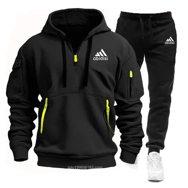 2024 men\'s new autumn and winter casual jogging sportswear set multi-pocket zipper hoodie + sweatpants two-piece set