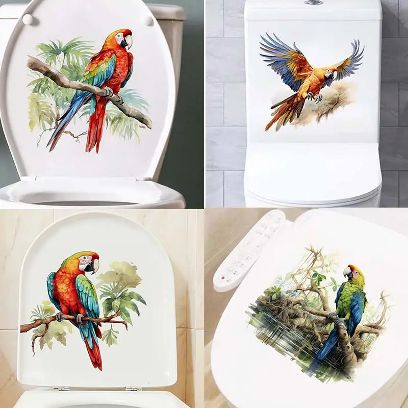 Cute Colorful Parrot Toilet Sticker Bathroom Toilet Cover Sticker Wall Stickers Animal Wc Accessories  Parrot Wall Decor S295