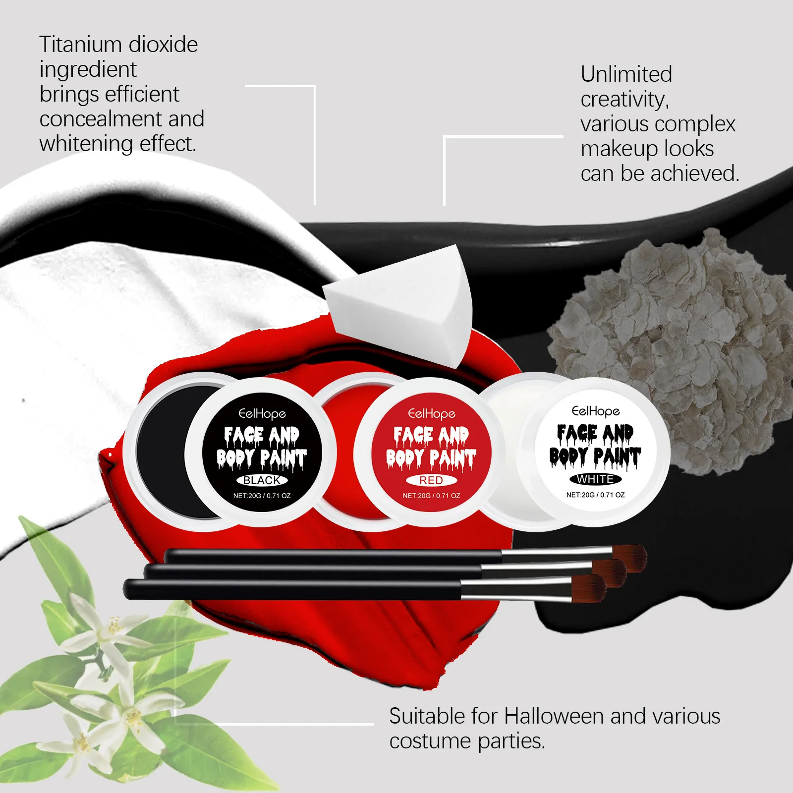 مجموعة مكياج عائلية للهالوين من Eelhope مع فرشاة لمستحضرات التجميل والحفلات التنكرية باللون الأبيض للأطفال والكبار مجموعات مكياج مبهرة للرسم الملون