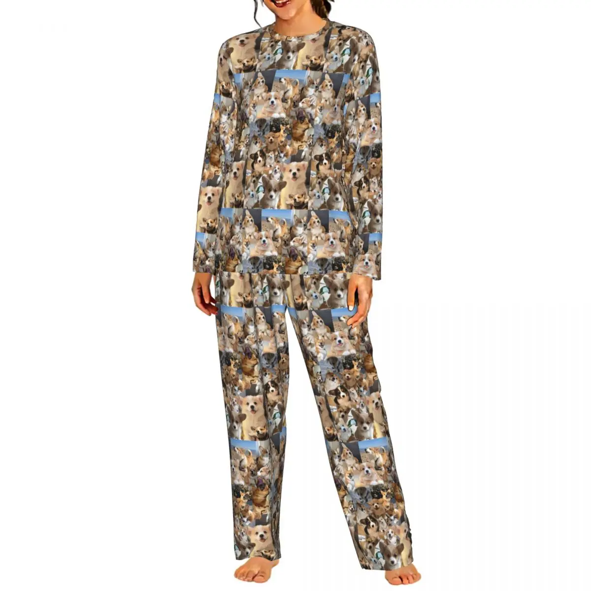 Large Cute Corgi Puppy Pembroke Welsh Corgi Dog Round Neck Long Sleeve Nightgowns for Sleeping Women Loose Pajama Set Long Pants