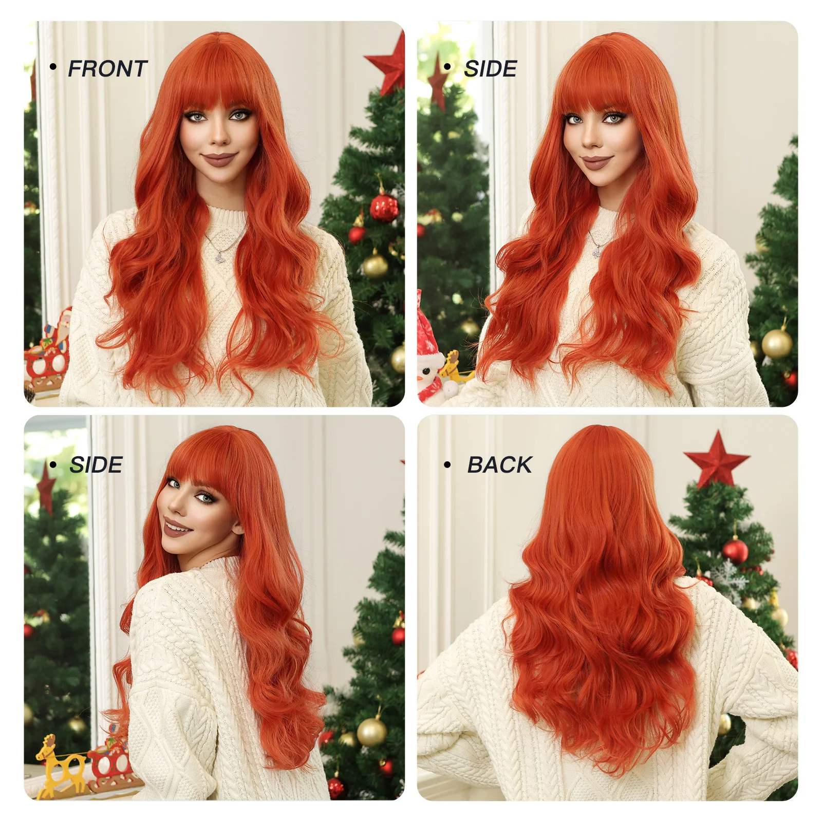 Orange Synthetic Wig Long Wavy Colorful Cosplay Wigs with Bangs Halloween Party Silky Wig Heat Resistant Natural Hair for Women