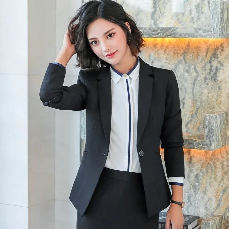 Blazer da lavoro solido da donna premium Nero con un bottone su misura Elegante abbigliamento da lavoro per hotel Cappotto professionale Primavera Autunno