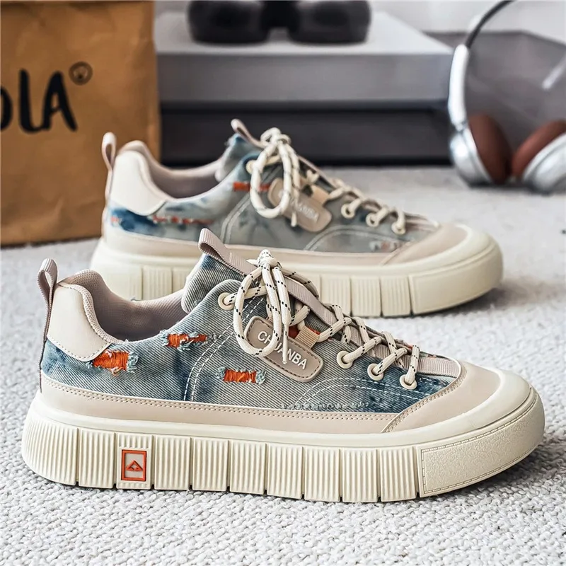 Men's Fashion Vintage Denim Sneakers Distressed Canvas Platform Skateboarding Shoes Casual Low Top Outdoor Walking Trainers