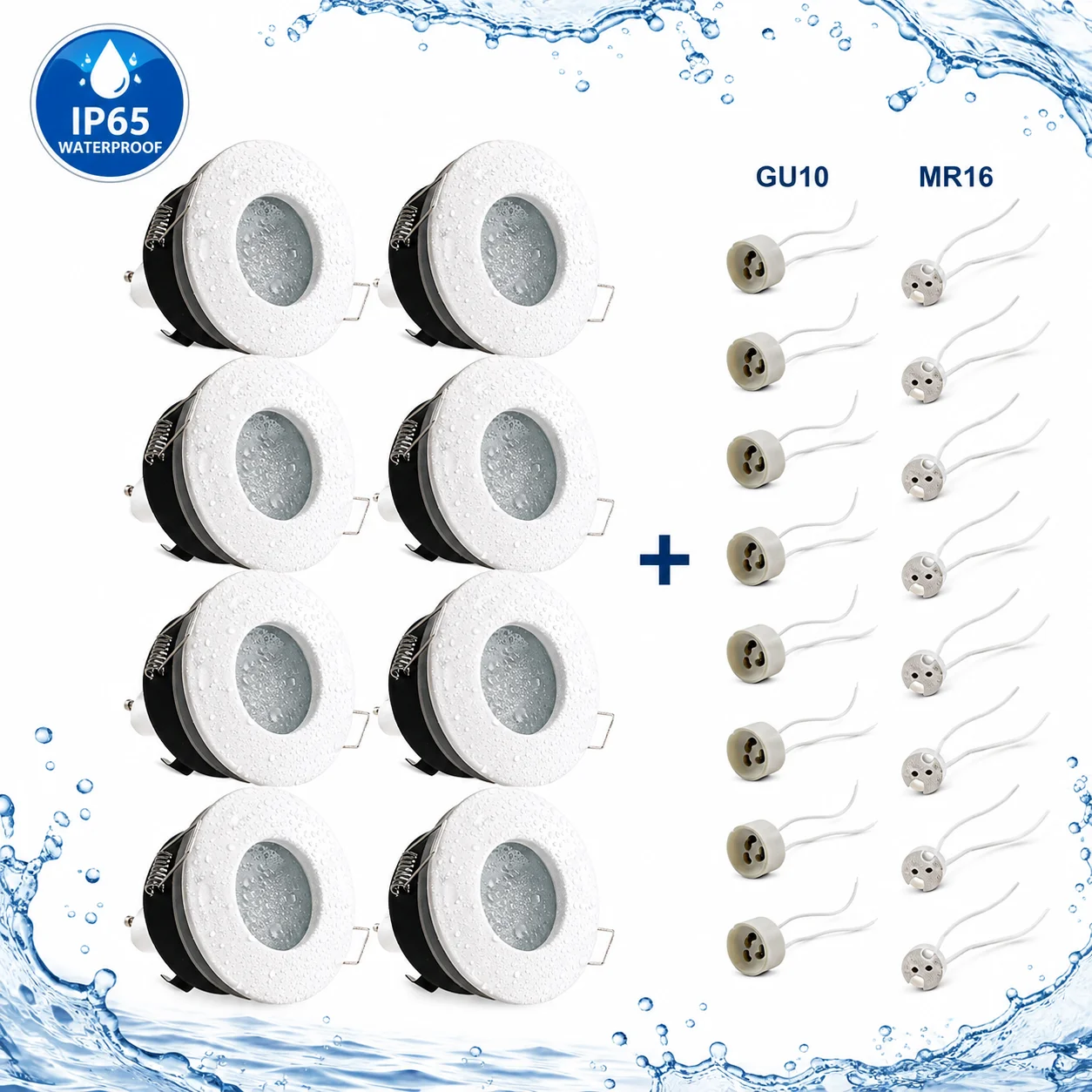 JOYINLED Lot de 8 boîtiers encastrés étanches pour éclairage encastré avec support de lampe GU10 MR16, cadre de spot de plafond étanche IP65, garniture de luminaire LED ronde blanche, diamètre 82 mm, trou de découpe 70 mm, hauteur 50 mm, installation facile pour cuisine, chambre à coucher, salon.