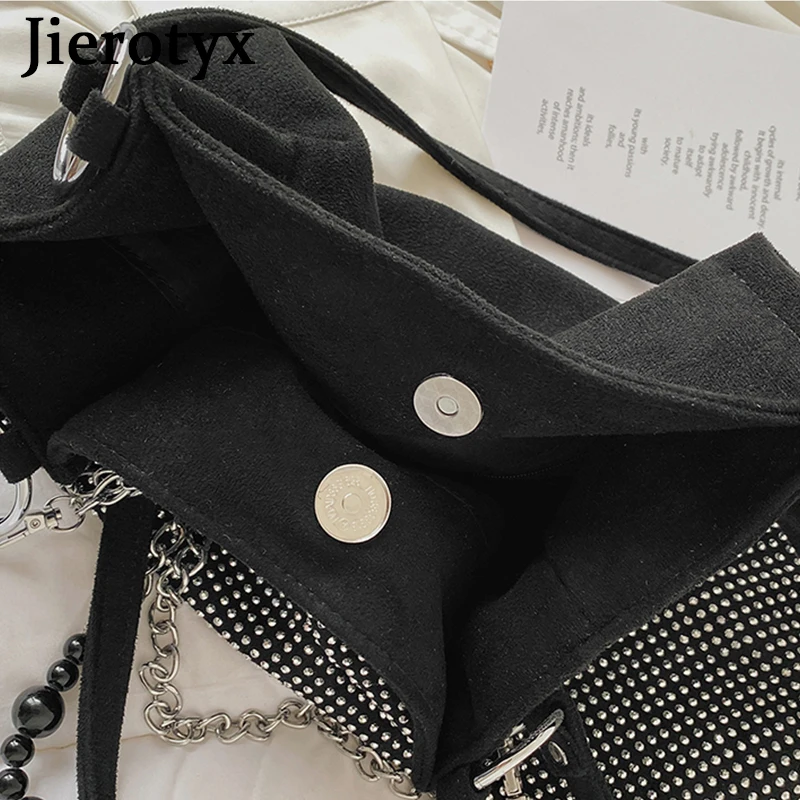 JIEROTYX Fashion Rhinestone Shoulder Tote Bag with Chain Vintage Gothic Handbags for Women Travel Shopper Totes Large Capacity