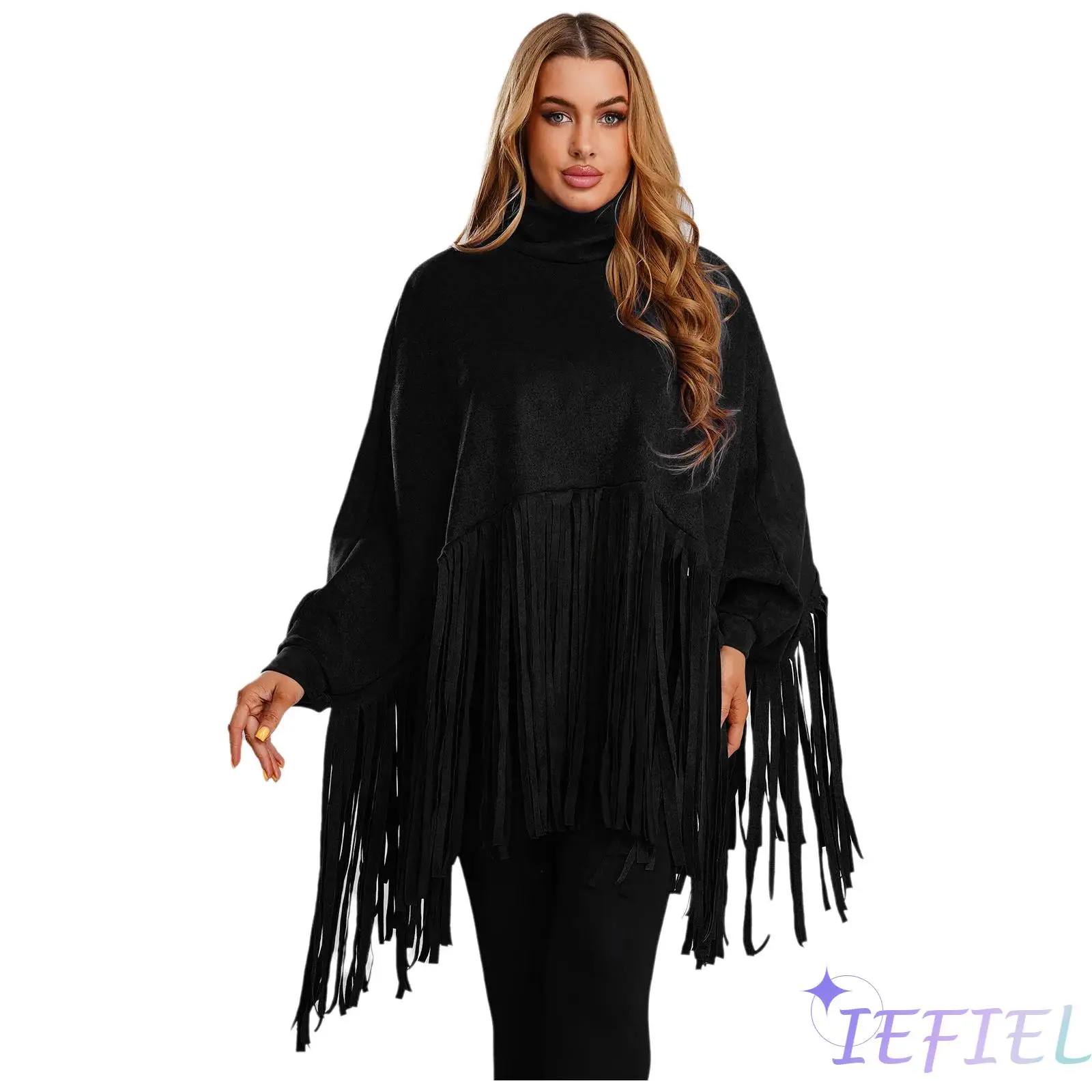

Womens Retro Cowgirl Fringe Cape Stand Collar Front Zip Tassel Trim Changeable Sleeves Faux Suede Pullover Tops Streetwear