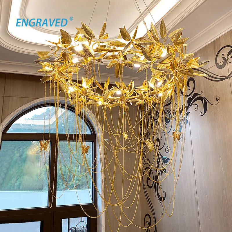 

Luxury Gold Leaves Chandelier for Living Room Villa Hall Indoor Decoration Butterfly Hanging Lamp Long Copper Lighting Fixture