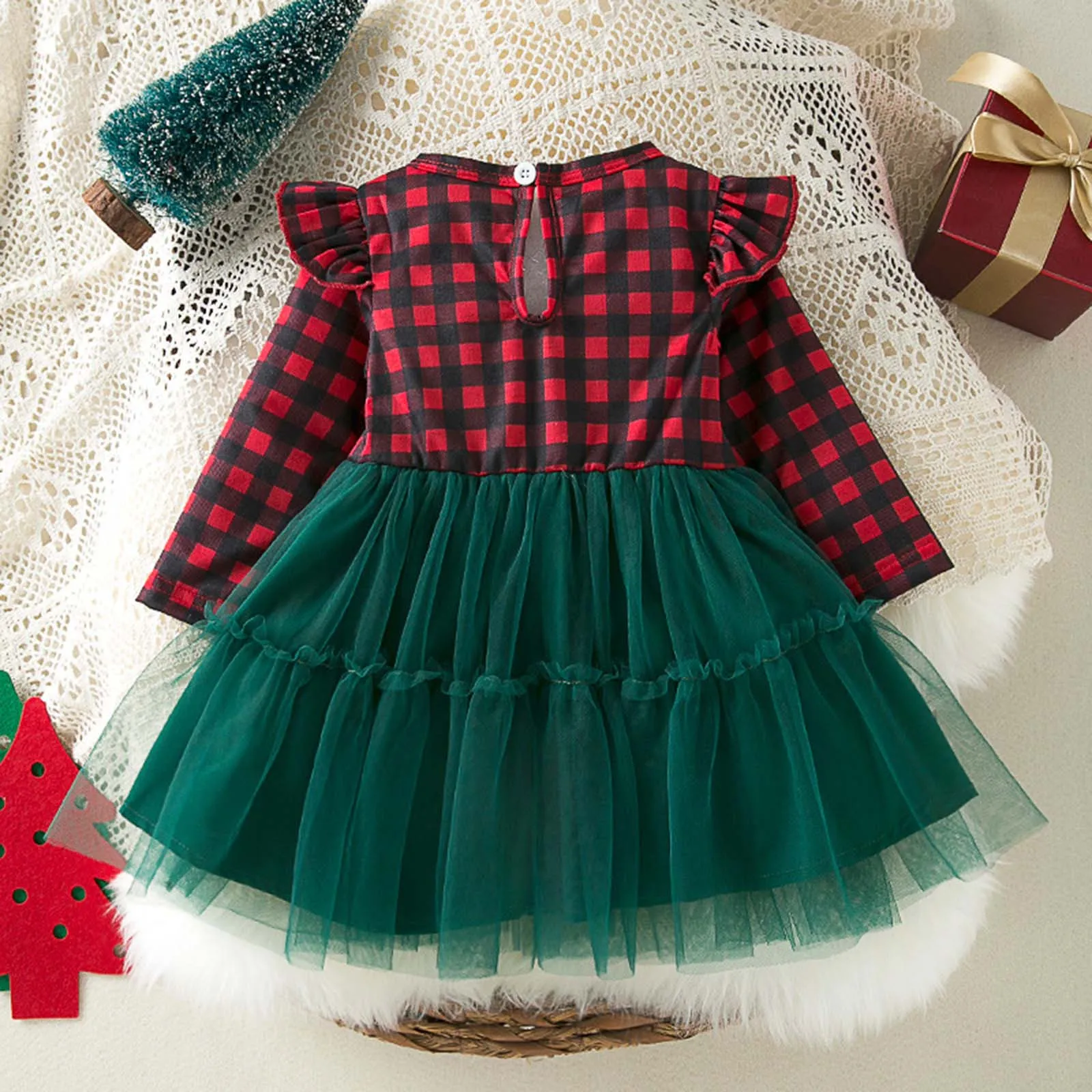 Kids Baby Girls Mesh Tutu Dress Christmas Party Long Sleeve Red and Black Plaid Dress Patchwork Tulle Christmas Dress For Girls