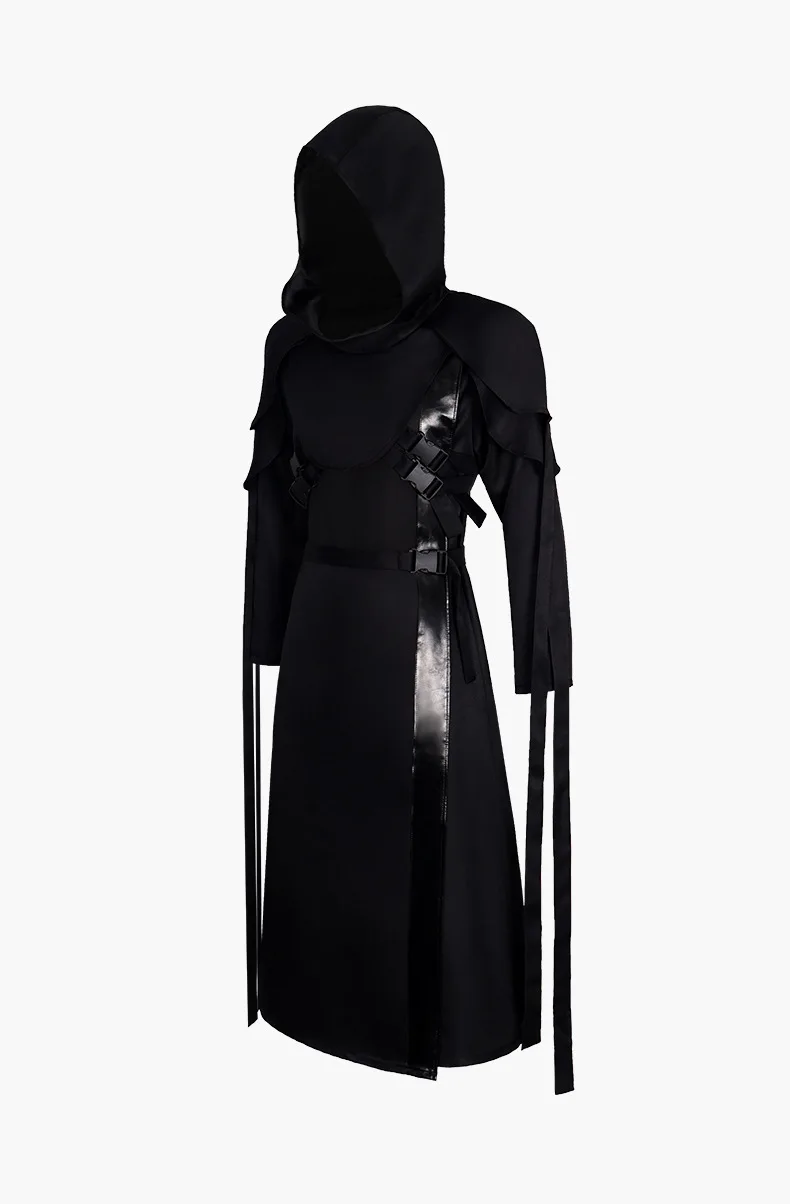 Horror Ghost Face Killer Cosplay Black Hooded Robe with Belts Medieval Assassin Cloak Halloween Party Costume view 6