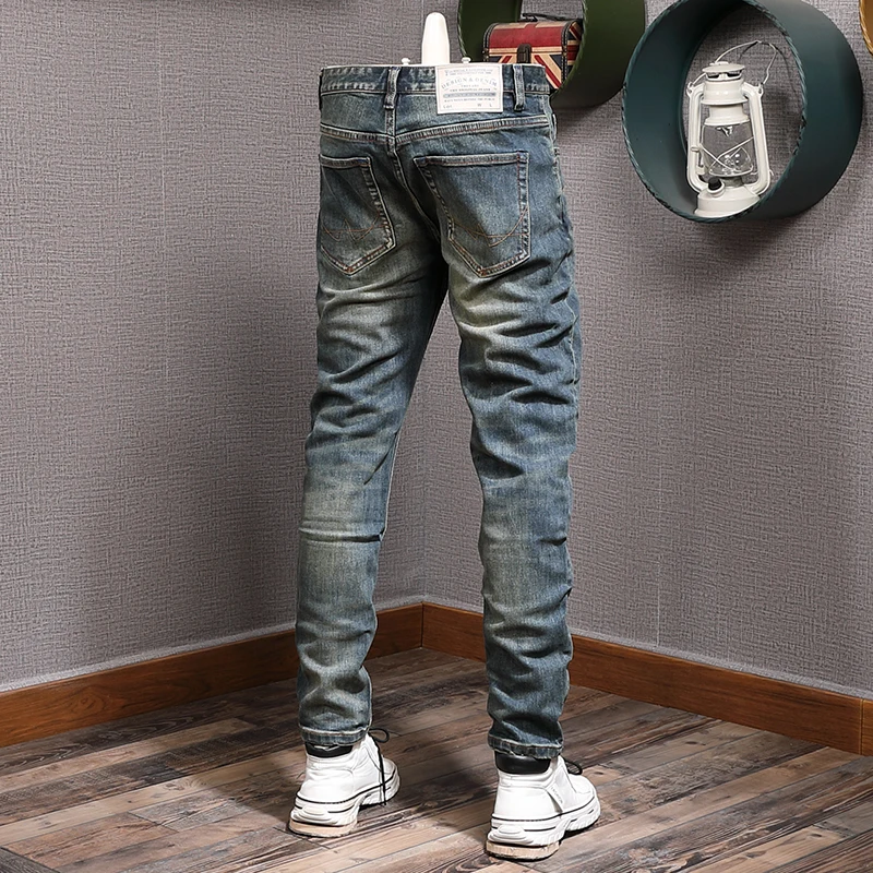 Fashion Designer Men Jeans High Quality Retro Blue Stretch Slim Fit Ripped Jeans Men Trousers Vintage Casual Denim Pants Hombre