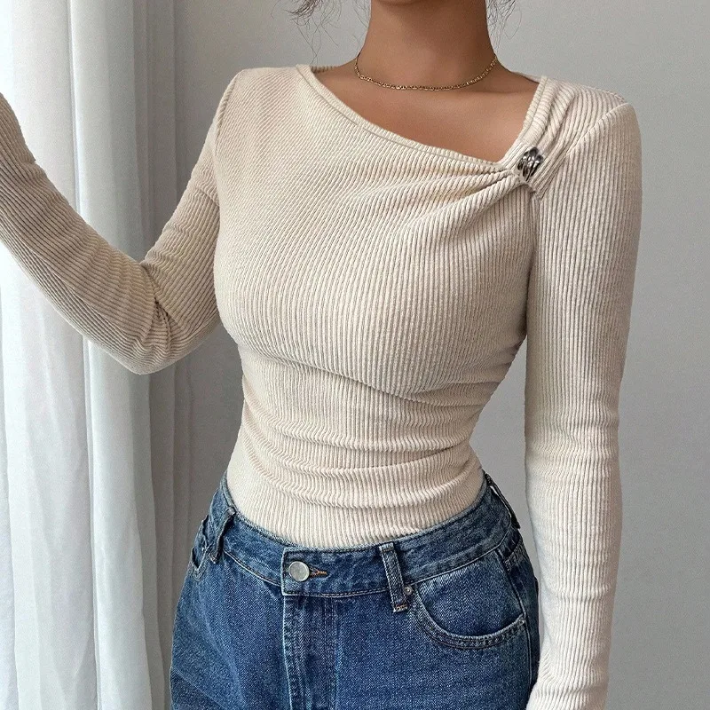 

Женский вязаный топ с длинными рукавами, облегающий асимметричный пуловер с плечами, базовая многослойная рубашка, повседневная повседневная одежда, модная блузка