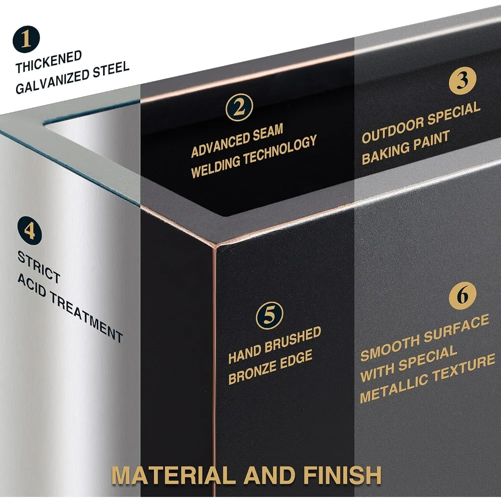 Тяжелый ящик для цветов на открытом воздухе, высокий разделитель с черным и золотым ободом, долговечная металлическая отделка, ручная работа для прочного сада
