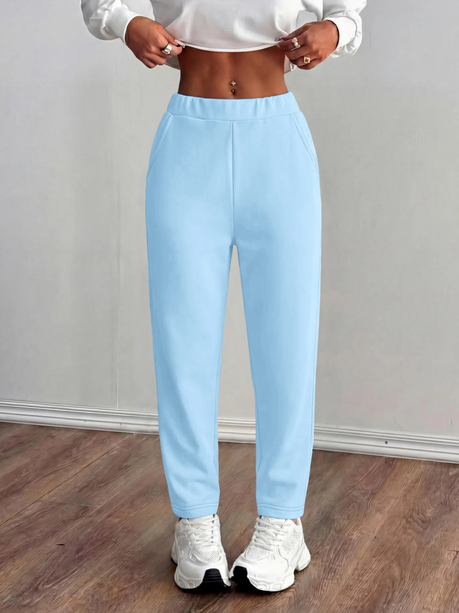 

Женские минималистичные однотонные брюки с широкими штанинами, повседневные брюки с высокой эластичной талией, свободные брюки с карманами для повседневной носки